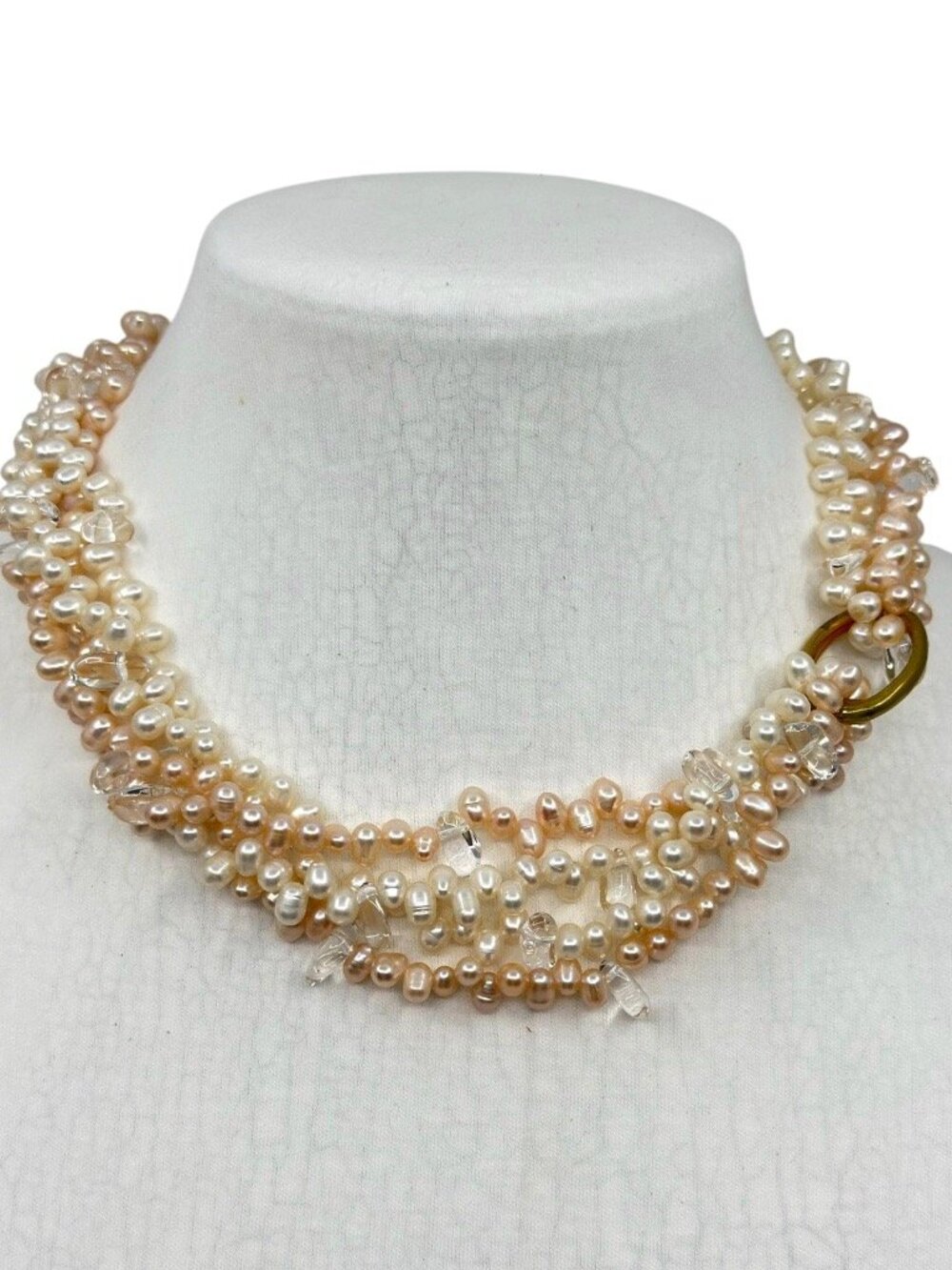 Gold Tone cultured pearl & quartz Torsade necklace - GM1015